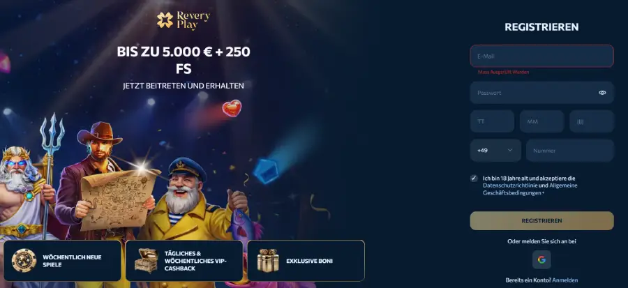 Revery Play Casino Anmeldeformular